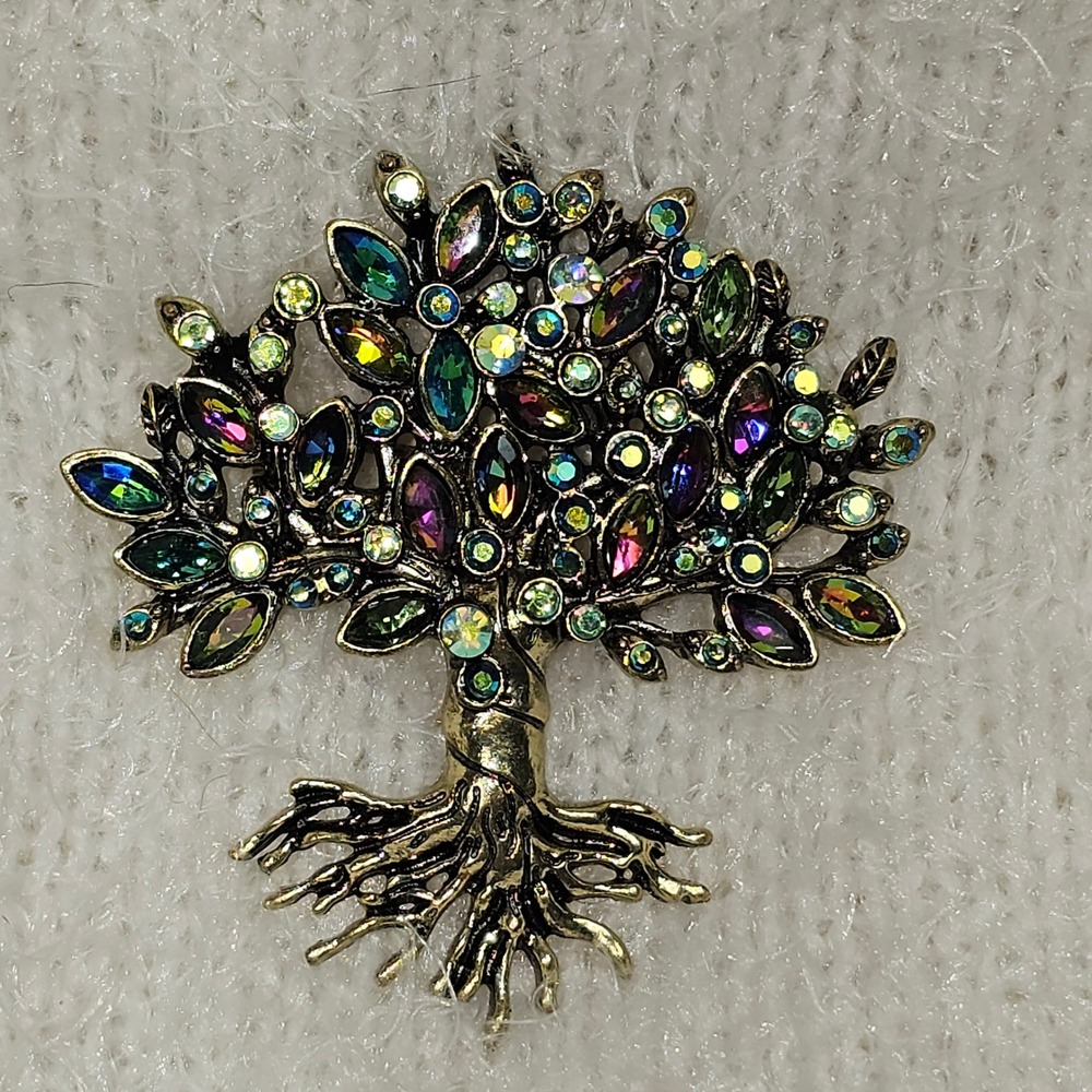 Tree of Life Brooch Multi Color Rhinestone Gold Tone Crystal Pin - Picture 1 of 5